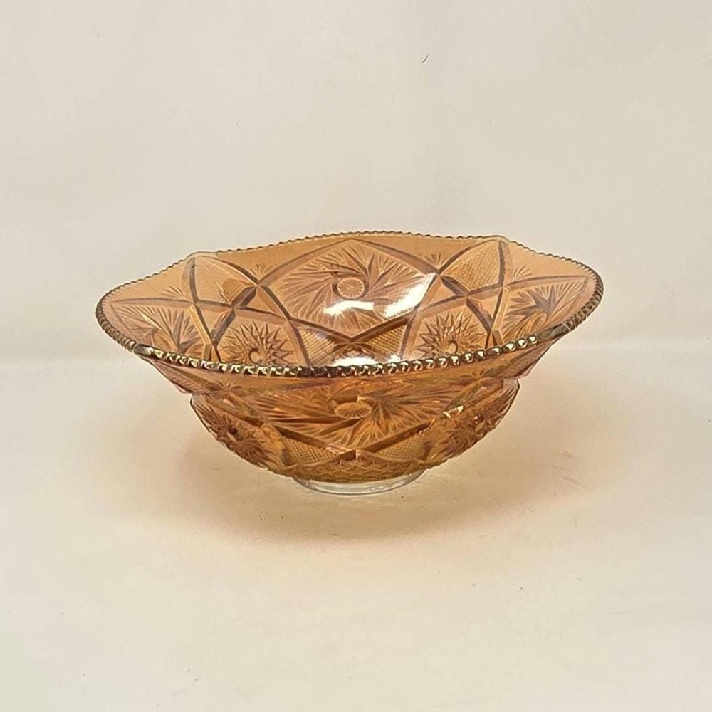 Vintage Imperial carnival glass bowl pinwheel star saw tooth rim marigold luster